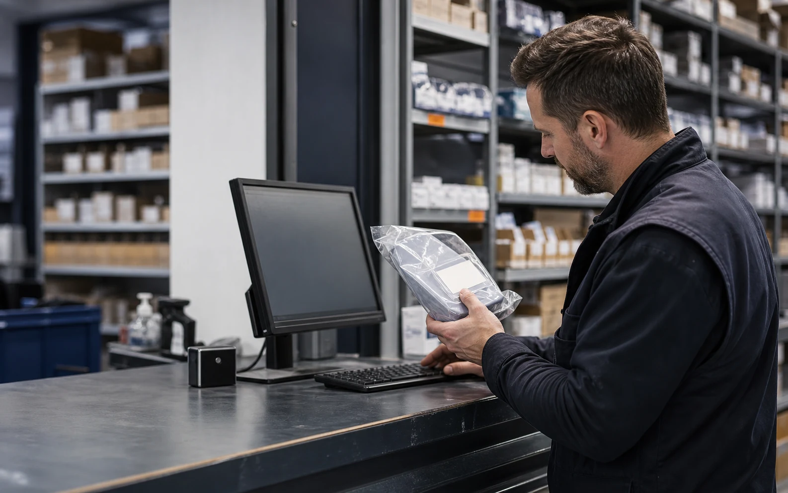 Parts specialist working at a dealership parts counter