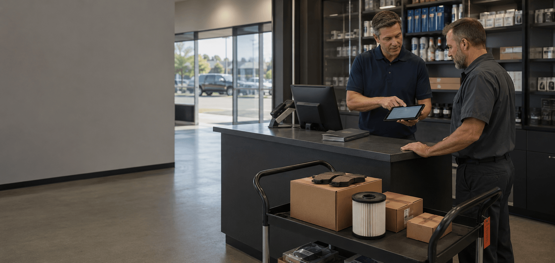 Professional parts buyer working with a dealership parts counter.