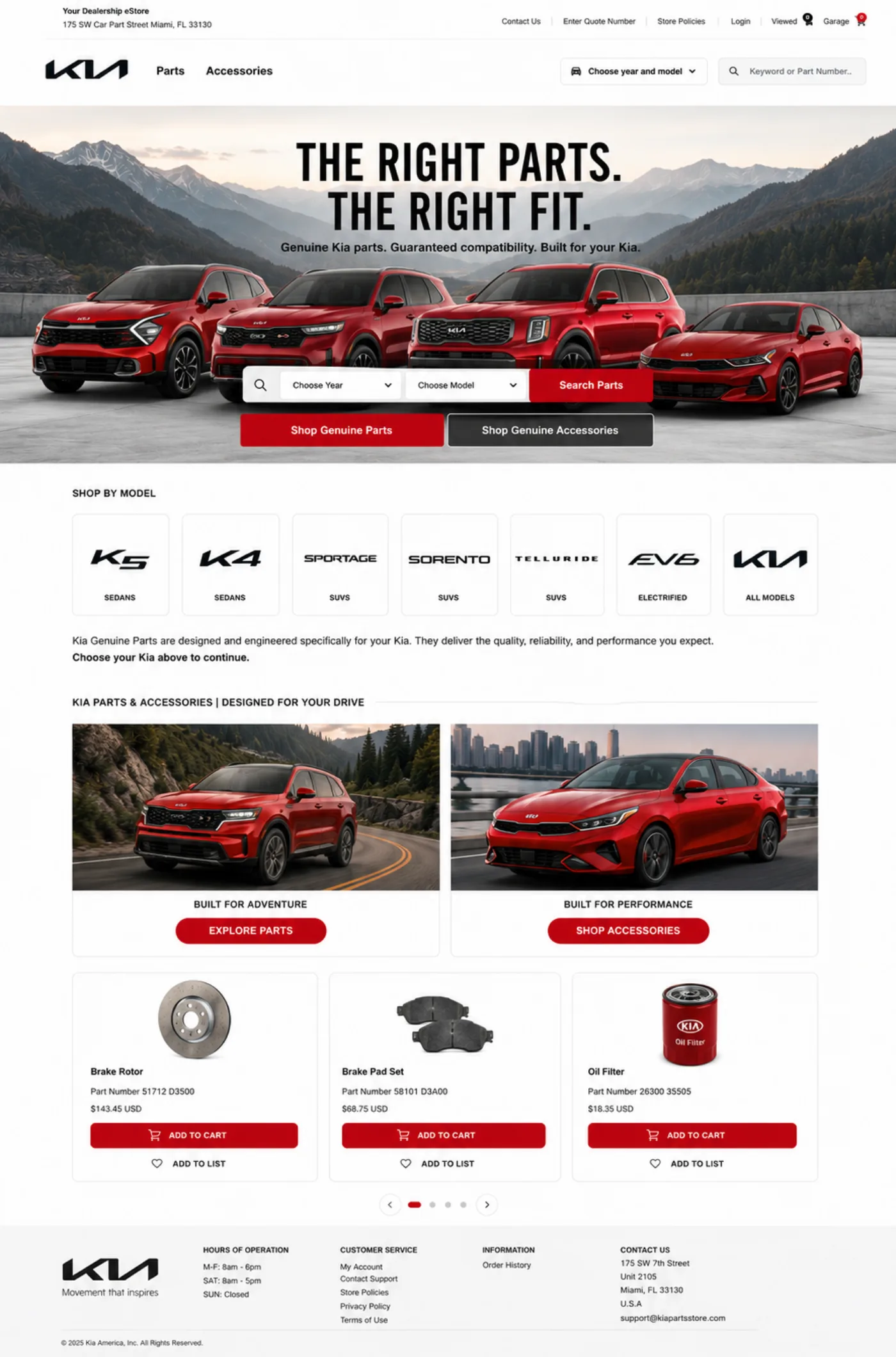 Illustrative Kia-branded OEM parts storefront template with vehicle search, accessories, and product cards.