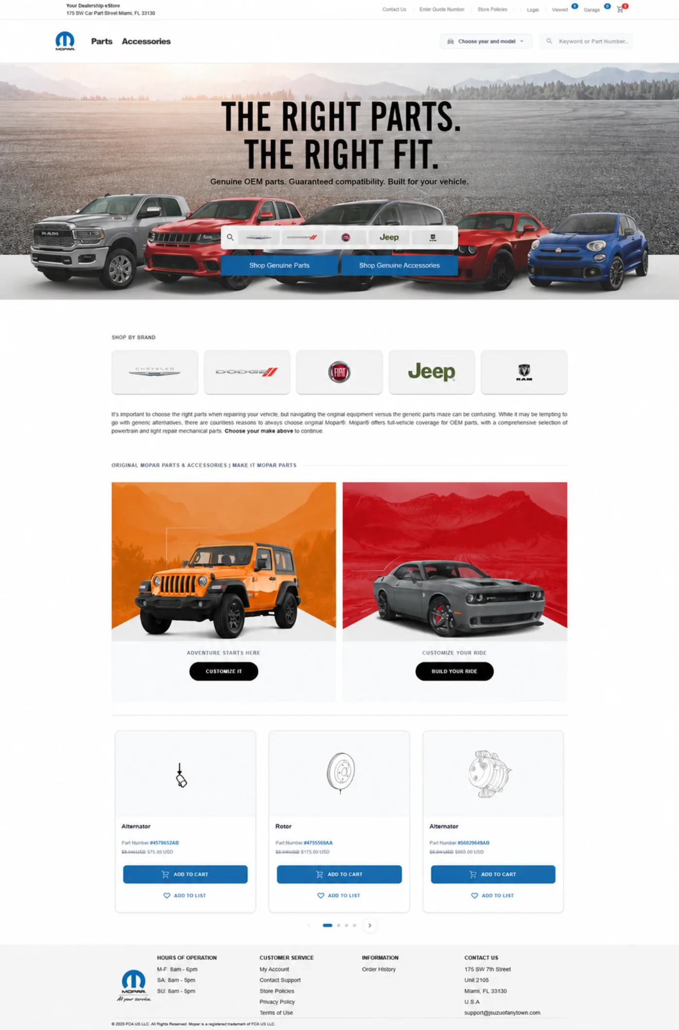 Illustrative Mopar-branded OEM parts storefront template with brand selection, parts categories, and product cards.