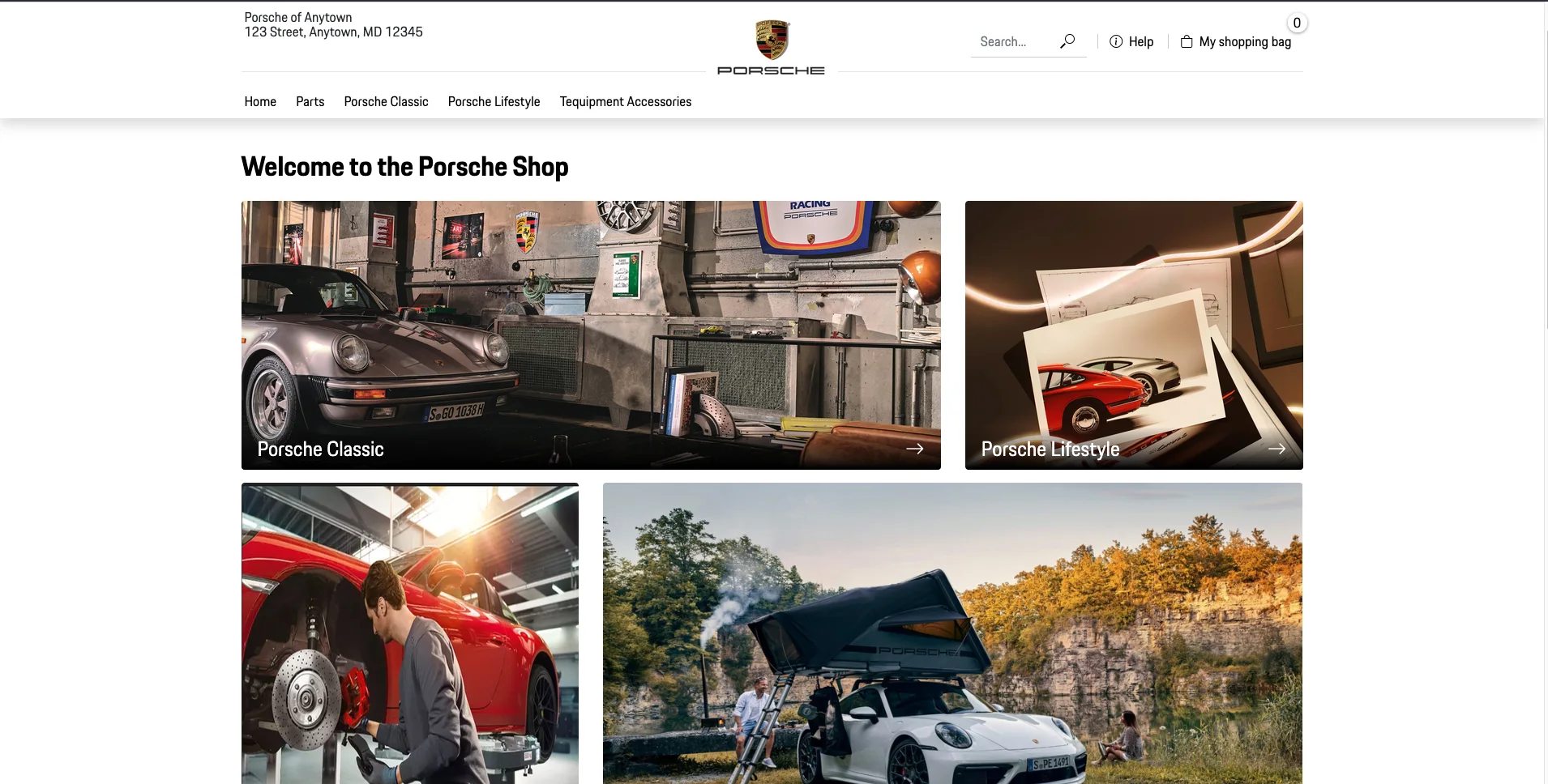 Porsche-branded parts storefront example with Porsche Classic, Lifestyle, Parts, and Tequipment shopping paths.