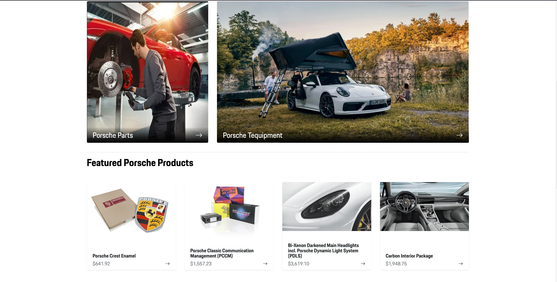 Client-supplied Porsche storefront example showing parts categories and featured products.